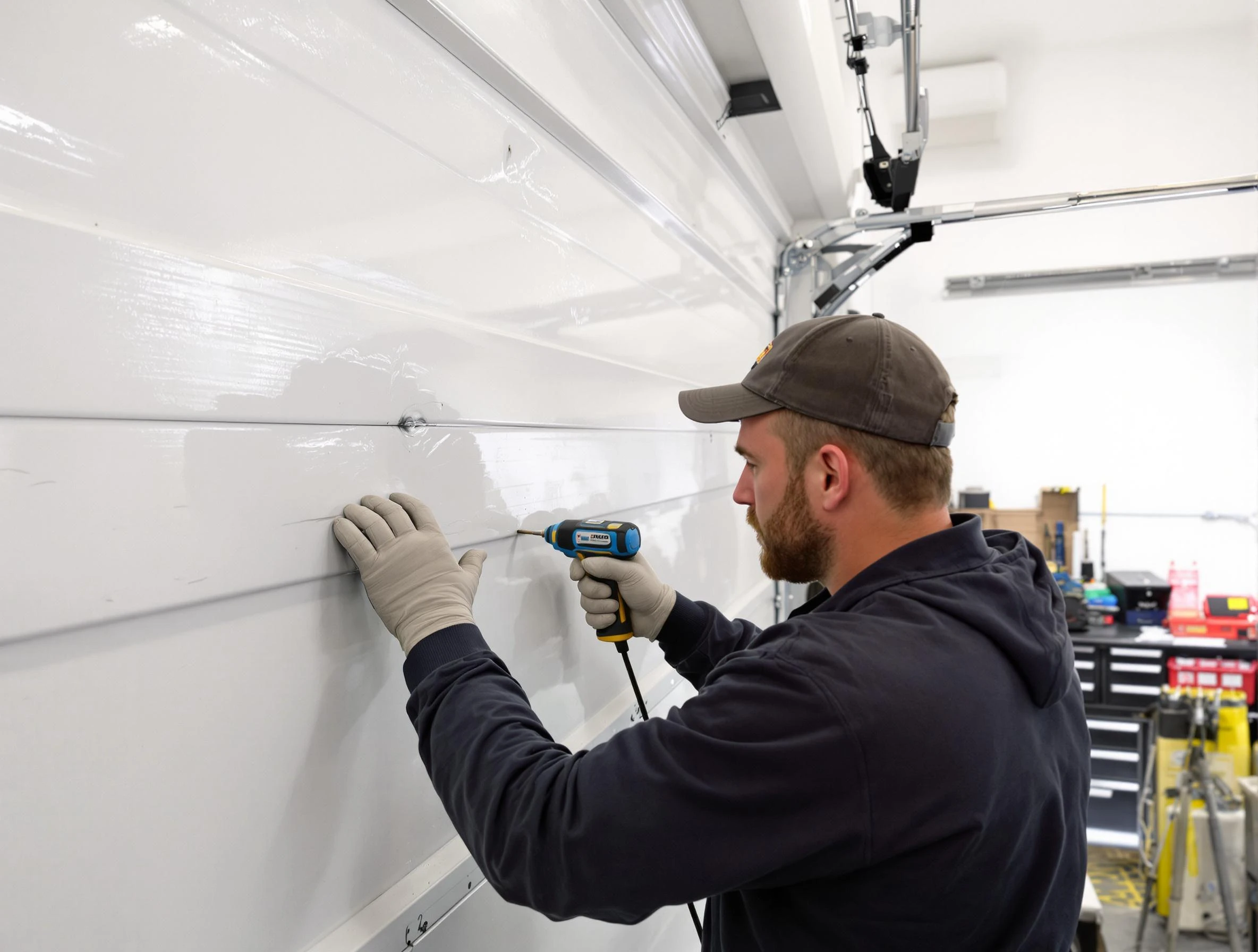Stansbury Park Garage Door Repair technician demonstrating precision dent removal techniques on a Stansbury Park garage door